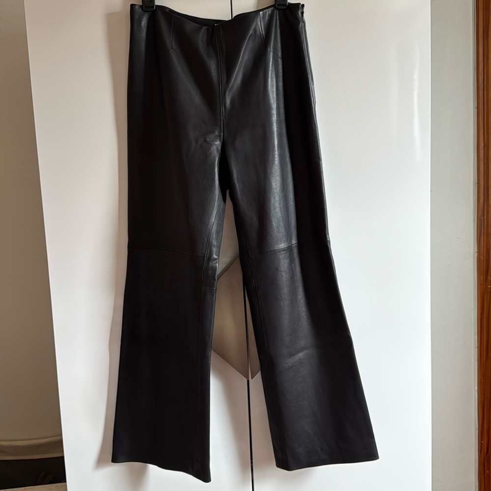 Rebecca Talyor Black Lamb Leather Highwaisted Wide Women's Ankle Pants, Sz 8